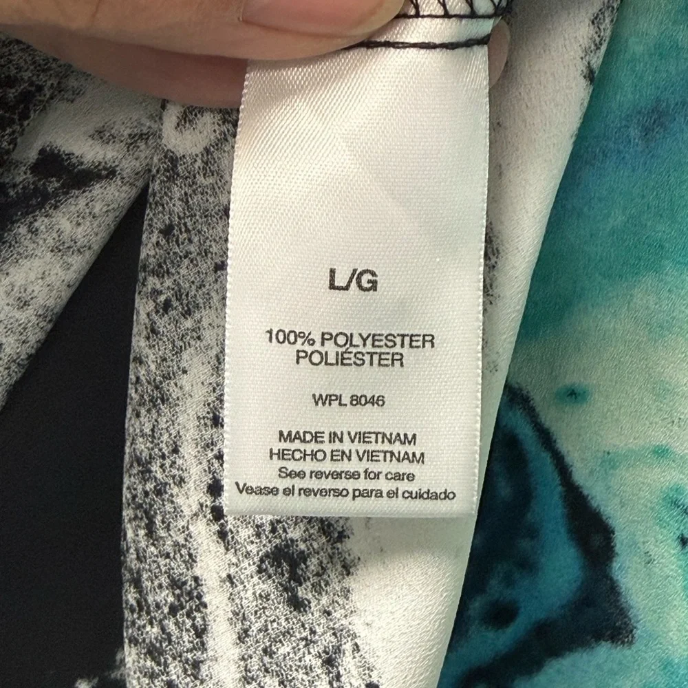 Valerie Stevens Teal Gray Abstract Blouse L Tie Neck Career Chic Top - Picture 7 of 9